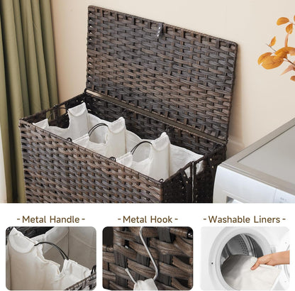 Laundry Hamper with Wheels, 34.3 Gallon(130L) Rolling Laundry Basket with Lid, 3-Section Rattan Clothes Hamper with 3 Removable Liner & 3 Mesh Bags, Laundry Sorter with Side Pocket, Brown