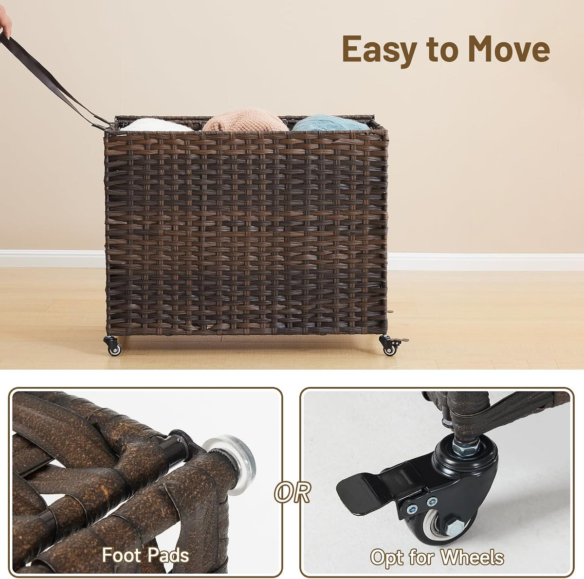 Laundry Hamper with Wheels, 34.3 Gallon(130L) Rolling Laundry Basket with Lid, 3-Section Rattan Clothes Hamper with 3 Removable Liner & 3 Mesh Bags, Laundry Sorter with Side Pocket, Brown