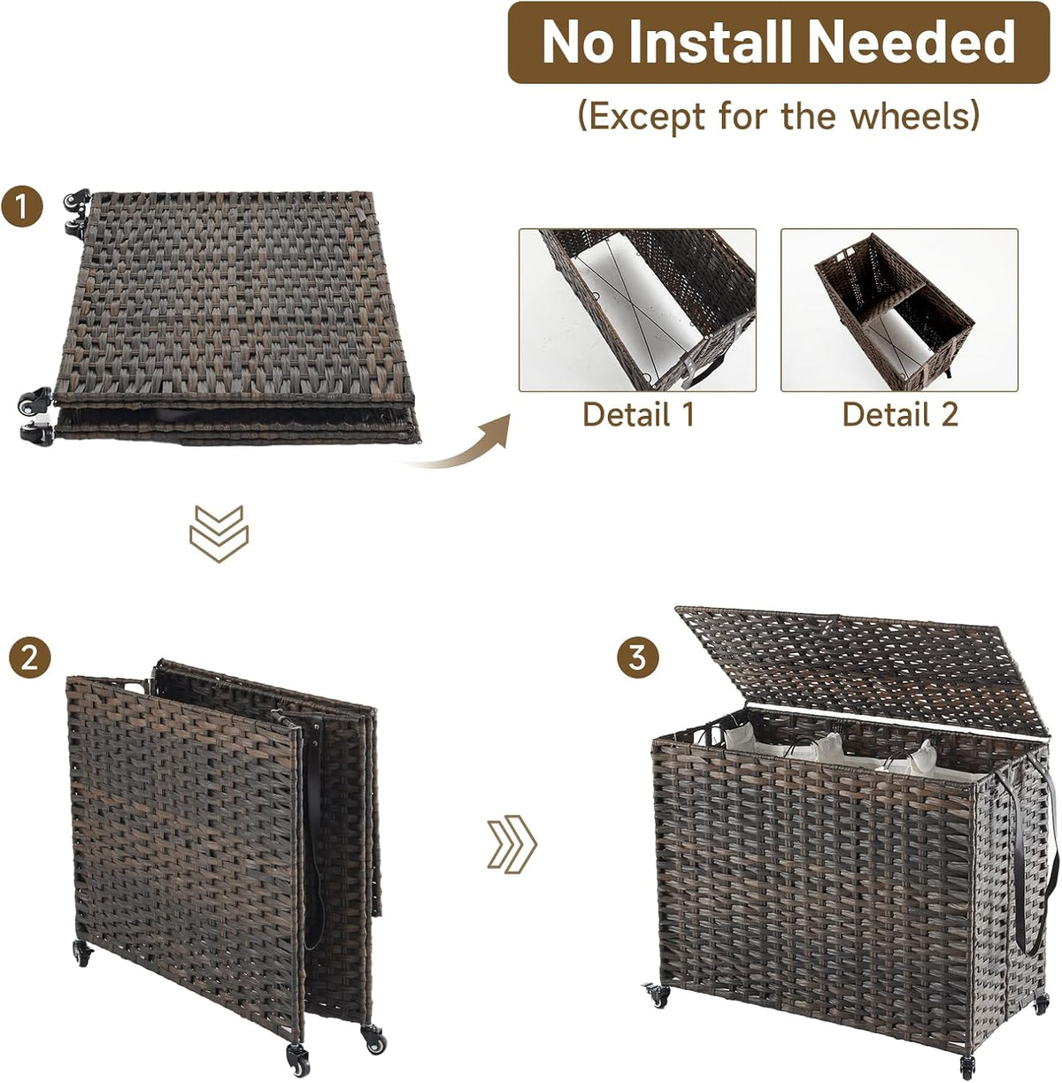 Laundry Hamper with Wheels, 34.3 Gallon(130L) Rolling Laundry Basket with Lid, 3-Section Rattan Clothes Hamper with 3 Removable Liner & 3 Mesh Bags, Laundry Sorter with Side Pocket, Brown