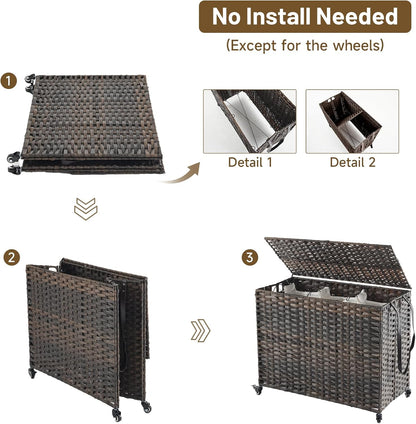 Laundry Hamper with Wheels, 34.3 Gallon(130L) Rolling Laundry Basket with Lid, 3-Section Rattan Clothes Hamper with 3 Removable Liner & 3 Mesh Bags, Laundry Sorter with Side Pocket, Brown