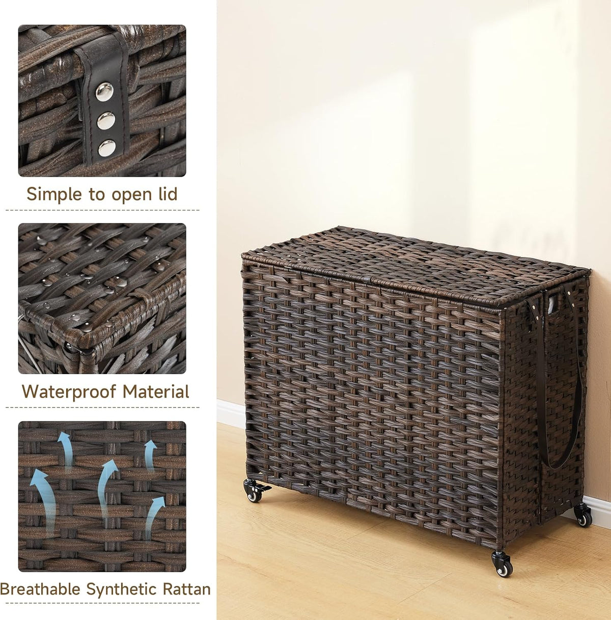 Laundry Hamper with Wheels, 34.3 Gallon(130L) Rolling Laundry Basket with Lid, 3-Section Rattan Clothes Hamper with 3 Removable Liner & 3 Mesh Bags, Laundry Sorter with Side Pocket, Brown