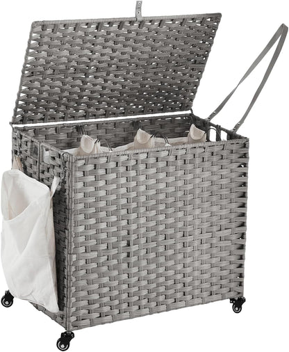 Laundry Hamper with Wheels, 34.3 Gallon(130L) Rolling Laundry Basket with Lid, 3-Section Rattan Clothes Hamper with 3 Removable Liner & 3 Mesh Bags, Laundry Sorter with Side Pocket, Brown