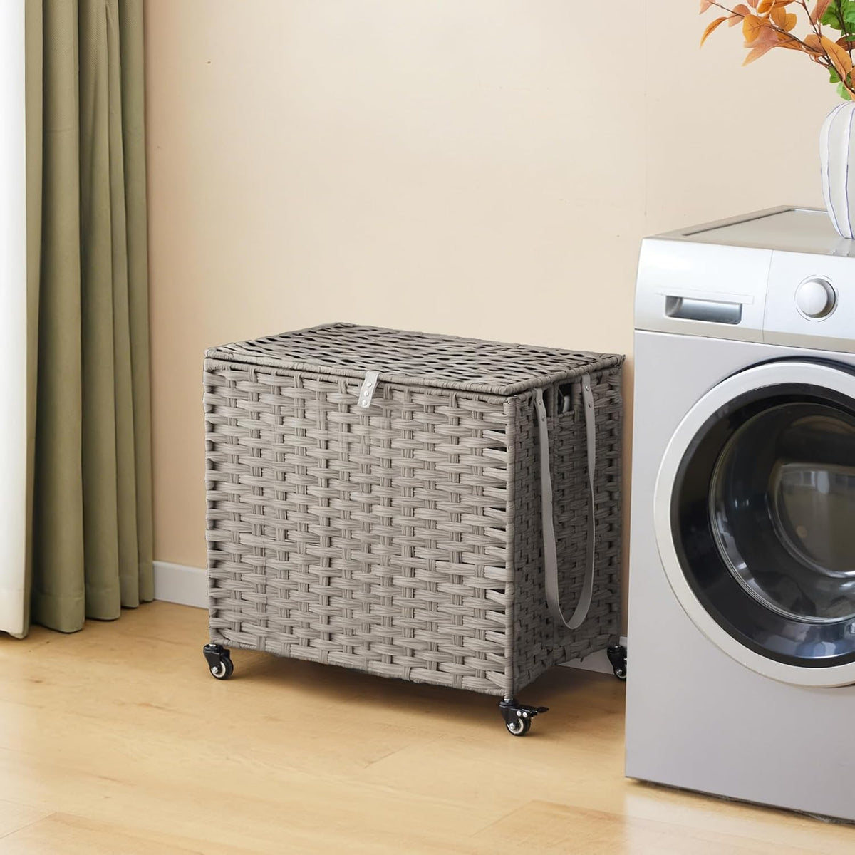 Laundry Hamper with Wheels, 34.3 Gallon(130L) Rolling Laundry Basket with Lid, 3-Section Rattan Clothes Hamper with 3 Removable Liner & 3 Mesh Bags, Laundry Sorter with Side Pocket, Brown