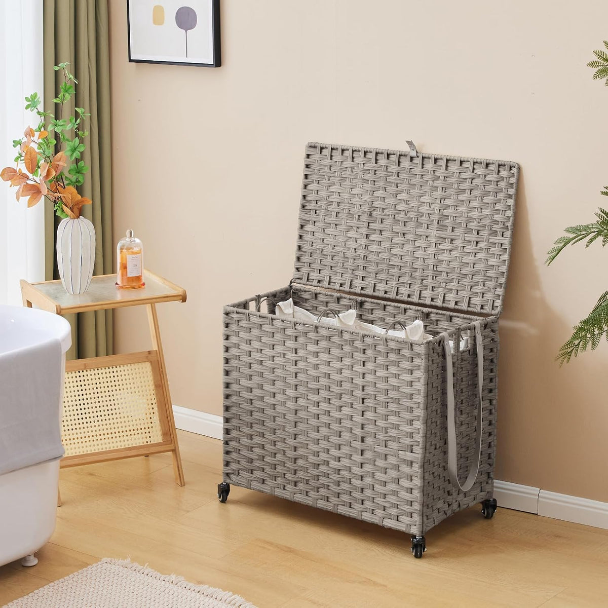Laundry Hamper with Wheels, 34.3 Gallon(130L) Rolling Laundry Basket with Lid, 3-Section Rattan Clothes Hamper with 3 Removable Liner & 3 Mesh Bags, Laundry Sorter with Side Pocket, Brown
