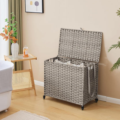 Laundry Hamper with Wheels, 34.3 Gallon(130L) Rolling Laundry Basket with Lid, 3-Section Rattan Clothes Hamper with 3 Removable Liner & 3 Mesh Bags, Laundry Sorter with Side Pocket, Brown