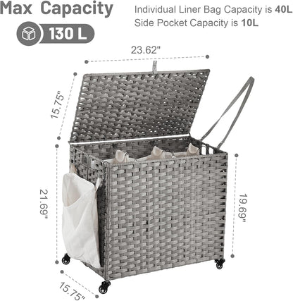 Laundry Hamper with Wheels, 34.3 Gallon(130L) Rolling Laundry Basket with Lid, 3-Section Rattan Clothes Hamper with 3 Removable Liner & 3 Mesh Bags, Laundry Sorter with Side Pocket, Brown