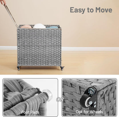 Laundry Hamper with Wheels, 34.3 Gallon(130L) Rolling Laundry Basket with Lid, 3-Section Rattan Clothes Hamper with 3 Removable Liner & 3 Mesh Bags, Laundry Sorter with Side Pocket, Brown