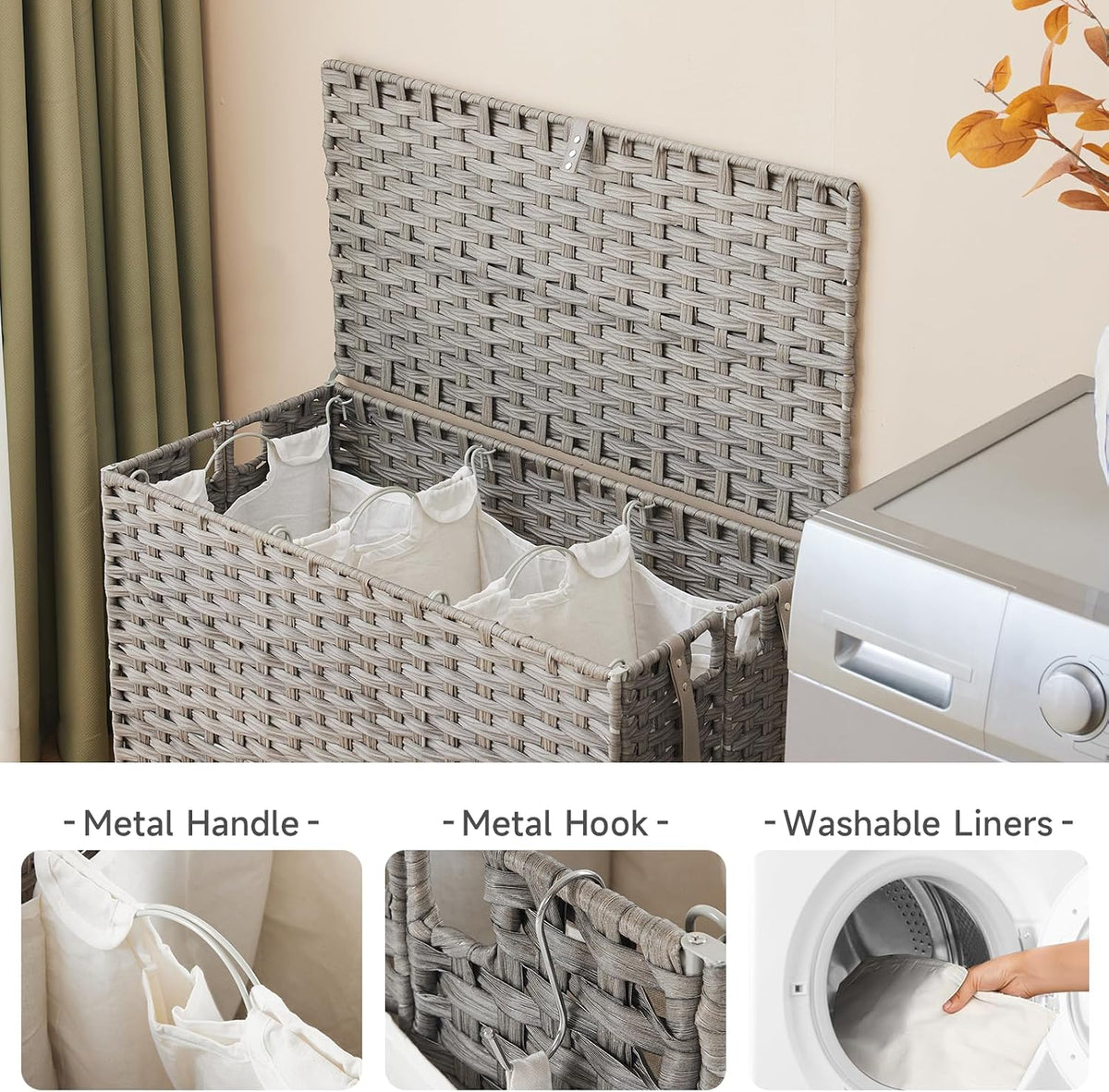 Laundry Hamper with Wheels, 34.3 Gallon(130L) Rolling Laundry Basket with Lid, 3-Section Rattan Clothes Hamper with 3 Removable Liner & 3 Mesh Bags, Laundry Sorter with Side Pocket, Brown