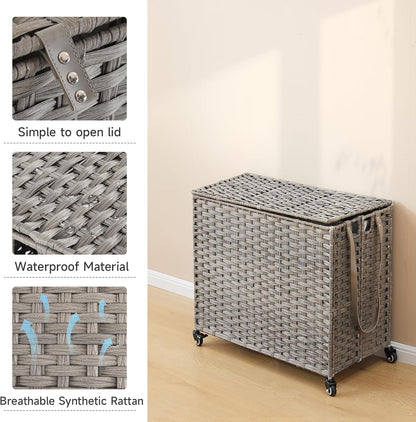 Laundry Hamper with Wheels, 34.3 Gallon(130L) Rolling Laundry Basket with Lid, 3-Section Rattan Clothes Hamper with 3 Removable Liner & 3 Mesh Bags, Laundry Sorter with Side Pocket, Brown