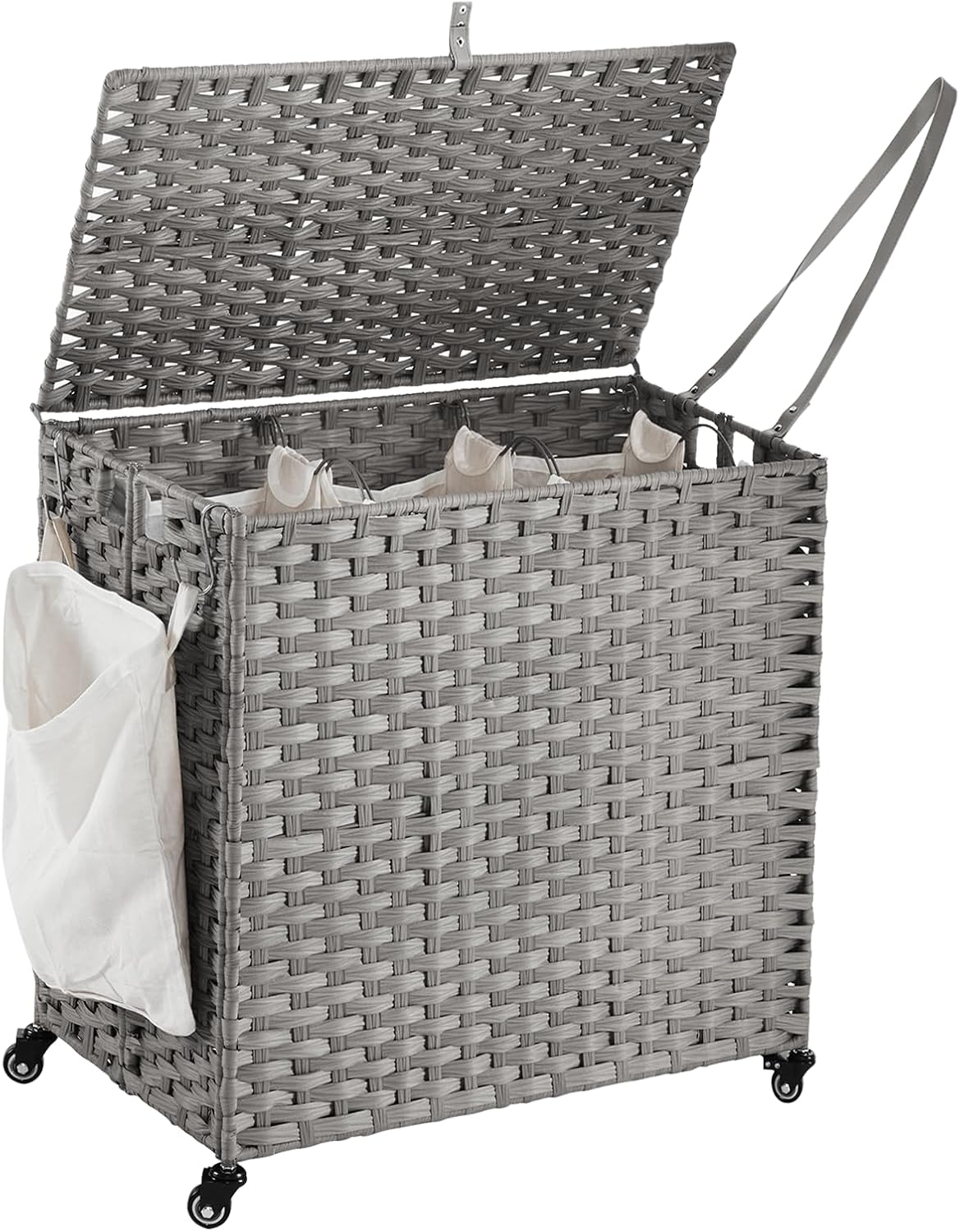 Laundry Hamper with Wheels, 34.3 Gallon(130L) Rolling Laundry Basket with Lid, 3-Section Rattan Clothes Hamper with 3 Removable Liner & 3 Mesh Bags, Laundry Sorter with Side Pocket, Brown