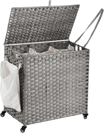 Laundry Hamper with Wheels, 34.3 Gallon(130L) Rolling Laundry Basket with Lid, 3-Section Rattan Clothes Hamper with 3 Removable Liner & 3 Mesh Bags, Laundry Sorter with Side Pocket, Brown