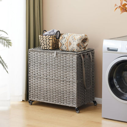 Laundry Hamper with Wheels, 34.3 Gallon(130L) Rolling Laundry Basket with Lid, 3-Section Rattan Clothes Hamper with 3 Removable Liner & 3 Mesh Bags, Laundry Sorter with Side Pocket, Brown
