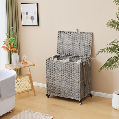 Laundry Hamper with Wheels, 34.3 Gallon(130L) Rolling Laundry Basket with Lid, 3-Section Rattan Clothes Hamper with 3 Removable Liner & 3 Mesh Bags, Laundry Sorter with Side Pocket, Brown