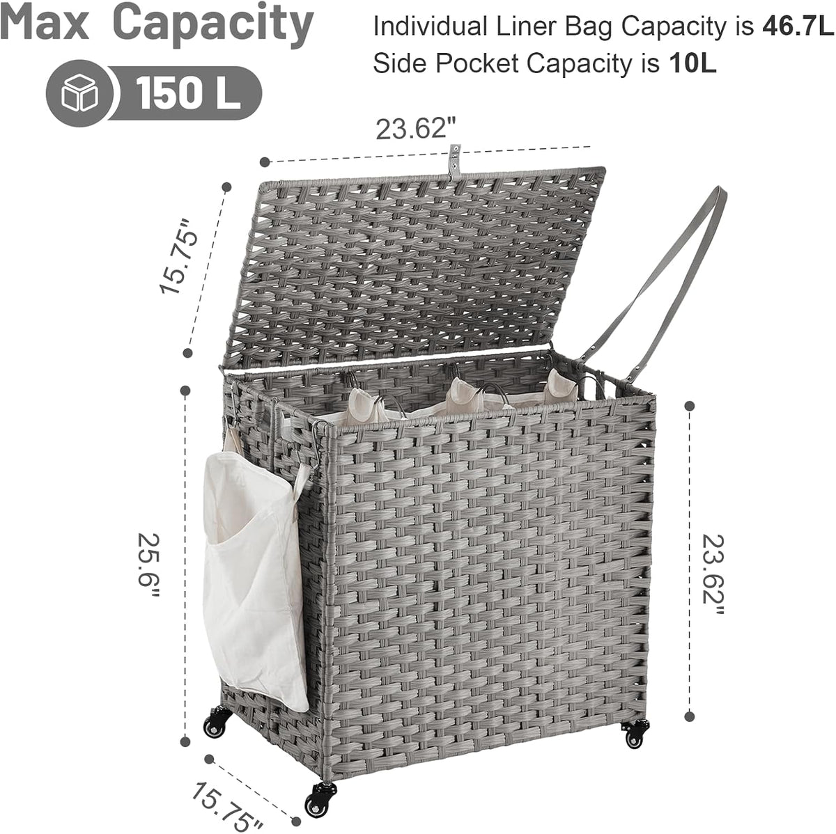 Laundry Hamper with Wheels, 34.3 Gallon(130L) Rolling Laundry Basket with Lid, 3-Section Rattan Clothes Hamper with 3 Removable Liner & 3 Mesh Bags, Laundry Sorter with Side Pocket, Brown