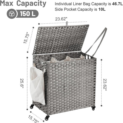 Laundry Hamper with Wheels, 34.3 Gallon(130L) Rolling Laundry Basket with Lid, 3-Section Rattan Clothes Hamper with 3 Removable Liner & 3 Mesh Bags, Laundry Sorter with Side Pocket, Brown