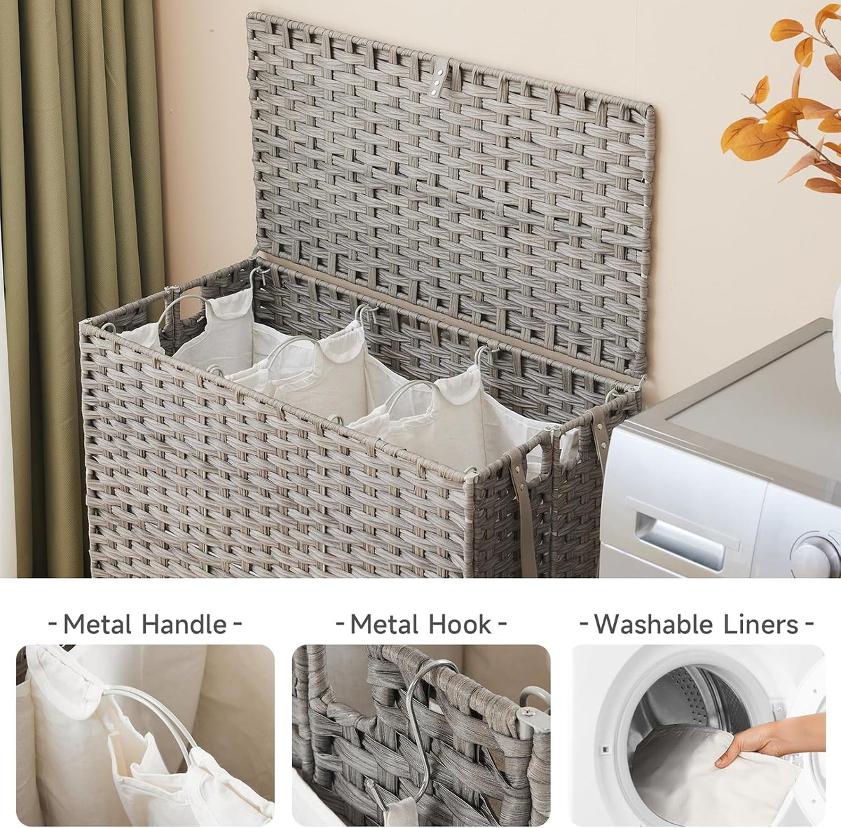 Laundry Hamper with Wheels, 34.3 Gallon(130L) Rolling Laundry Basket with Lid, 3-Section Rattan Clothes Hamper with 3 Removable Liner & 3 Mesh Bags, Laundry Sorter with Side Pocket, Brown