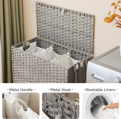 Laundry Hamper with Wheels, 34.3 Gallon(130L) Rolling Laundry Basket with Lid, 3-Section Rattan Clothes Hamper with 3 Removable Liner & 3 Mesh Bags, Laundry Sorter with Side Pocket, Brown