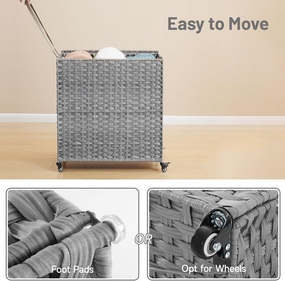Laundry Hamper with Wheels, 34.3 Gallon(130L) Rolling Laundry Basket with Lid, 3-Section Rattan Clothes Hamper with 3 Removable Liner & 3 Mesh Bags, Laundry Sorter with Side Pocket, Brown