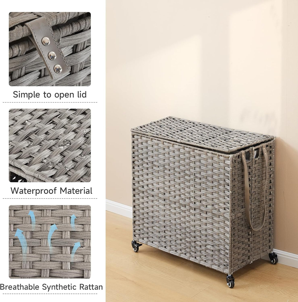 Laundry Hamper with Wheels, 34.3 Gallon(130L) Rolling Laundry Basket with Lid, 3-Section Rattan Clothes Hamper with 3 Removable Liner & 3 Mesh Bags, Laundry Sorter with Side Pocket, Brown