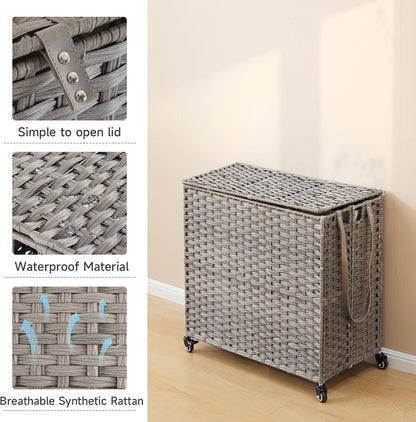 Laundry Hamper with Wheels, 34.3 Gallon(130L) Rolling Laundry Basket with Lid, 3-Section Rattan Clothes Hamper with 3 Removable Liner & 3 Mesh Bags, Laundry Sorter with Side Pocket, Brown