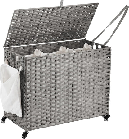 Laundry Hamper with Wheels, 34.3 Gallon(130L) Rolling Laundry Basket with Lid, 3-Section Rattan Clothes Hamper with 3 Removable Liner & 3 Mesh Bags, Laundry Sorter with Side Pocket, Brown