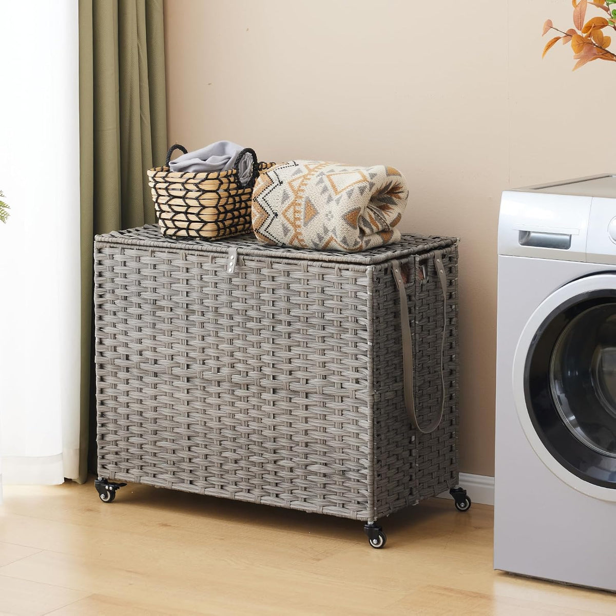 Laundry Hamper with Wheels, 34.3 Gallon(130L) Rolling Laundry Basket with Lid, 3-Section Rattan Clothes Hamper with 3 Removable Liner & 3 Mesh Bags, Laundry Sorter with Side Pocket, Brown