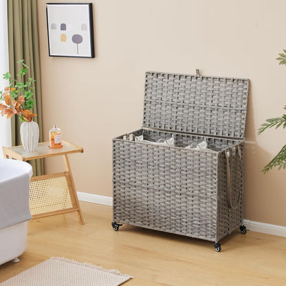 Laundry Hamper with Wheels, 34.3 Gallon(130L) Rolling Laundry Basket with Lid, 3-Section Rattan Clothes Hamper with 3 Removable Liner & 3 Mesh Bags, Laundry Sorter with Side Pocket, Brown