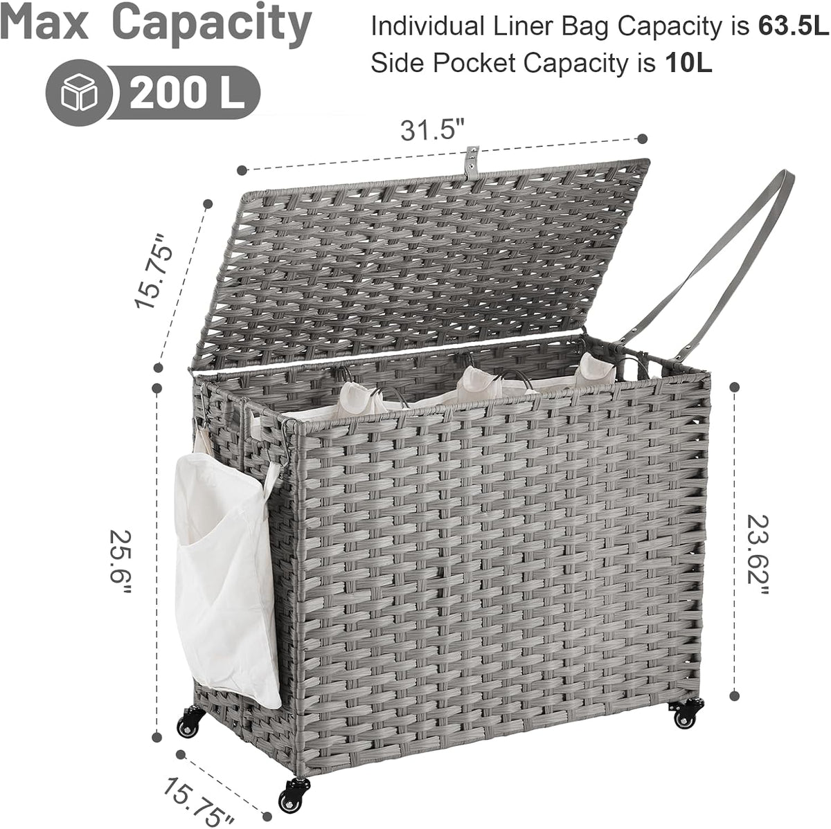 Laundry Hamper with Wheels, 34.3 Gallon(130L) Rolling Laundry Basket with Lid, 3-Section Rattan Clothes Hamper with 3 Removable Liner & 3 Mesh Bags, Laundry Sorter with Side Pocket, Brown