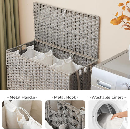 Laundry Hamper with Wheels, 34.3 Gallon(130L) Rolling Laundry Basket with Lid, 3-Section Rattan Clothes Hamper with 3 Removable Liner & 3 Mesh Bags, Laundry Sorter with Side Pocket, Brown