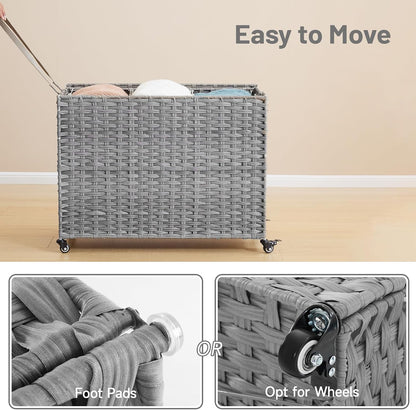 Laundry Hamper with Wheels, 34.3 Gallon(130L) Rolling Laundry Basket with Lid, 3-Section Rattan Clothes Hamper with 3 Removable Liner & 3 Mesh Bags, Laundry Sorter with Side Pocket, Brown