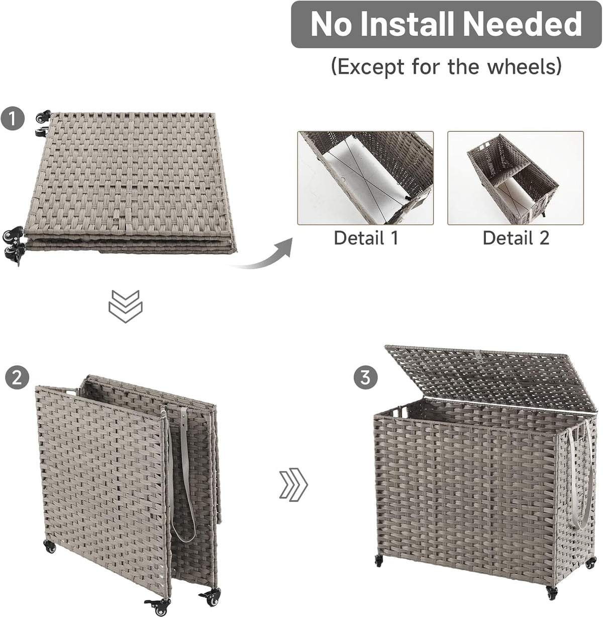 Laundry Hamper with Wheels, 34.3 Gallon(130L) Rolling Laundry Basket with Lid, 3-Section Rattan Clothes Hamper with 3 Removable Liner & 3 Mesh Bags, Laundry Sorter with Side Pocket, Brown