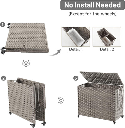 Laundry Hamper with Wheels, 34.3 Gallon(130L) Rolling Laundry Basket with Lid, 3-Section Rattan Clothes Hamper with 3 Removable Liner & 3 Mesh Bags, Laundry Sorter with Side Pocket, Brown