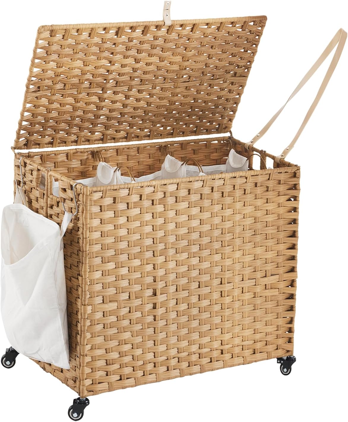 Laundry Hamper with Wheels, 34.3 Gallon(130L) Rolling Laundry Basket with Lid, 3-Section Rattan Clothes Hamper with 3 Removable Liner & 3 Mesh Bags, Laundry Sorter with Side Pocket, Brown