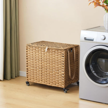 Laundry Hamper with Wheels, 34.3 Gallon(130L) Rolling Laundry Basket with Lid, 3-Section Rattan Clothes Hamper with 3 Removable Liner & 3 Mesh Bags, Laundry Sorter with Side Pocket, Brown