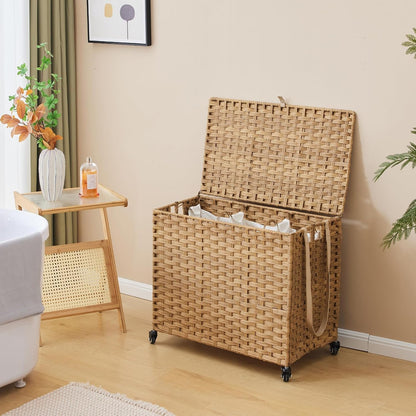 Laundry Hamper with Wheels, 34.3 Gallon(130L) Rolling Laundry Basket with Lid, 3-Section Rattan Clothes Hamper with 3 Removable Liner & 3 Mesh Bags, Laundry Sorter with Side Pocket, Brown