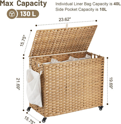 Laundry Hamper with Wheels, 34.3 Gallon(130L) Rolling Laundry Basket with Lid, 3-Section Rattan Clothes Hamper with 3 Removable Liner & 3 Mesh Bags, Laundry Sorter with Side Pocket, Brown