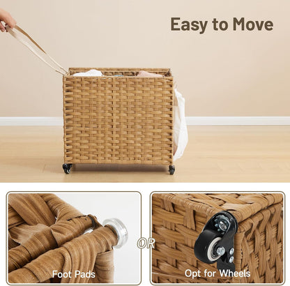 Laundry Hamper with Wheels, 34.3 Gallon(130L) Rolling Laundry Basket with Lid, 3-Section Rattan Clothes Hamper with 3 Removable Liner & 3 Mesh Bags, Laundry Sorter with Side Pocket, Brown