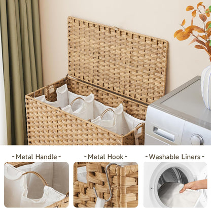 Laundry Hamper with Wheels, 34.3 Gallon(130L) Rolling Laundry Basket with Lid, 3-Section Rattan Clothes Hamper with 3 Removable Liner & 3 Mesh Bags, Laundry Sorter with Side Pocket, Brown