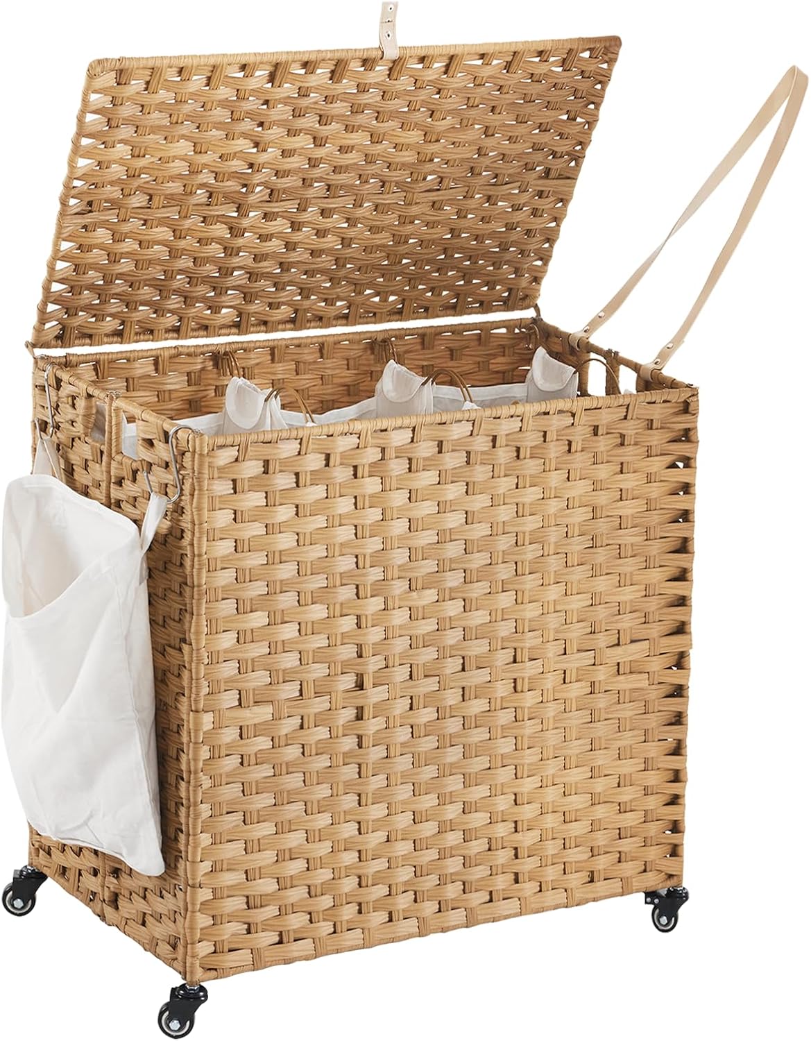 Laundry Hamper with Wheels, 34.3 Gallon(130L) Rolling Laundry Basket with Lid, 3-Section Rattan Clothes Hamper with 3 Removable Liner & 3 Mesh Bags, Laundry Sorter with Side Pocket, Brown
