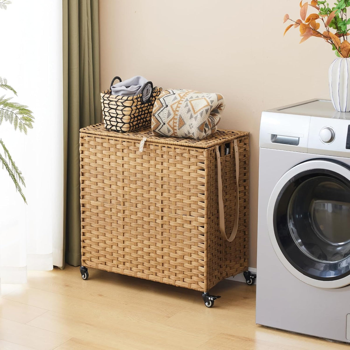Laundry Hamper with Wheels, 34.3 Gallon(130L) Rolling Laundry Basket with Lid, 3-Section Rattan Clothes Hamper with 3 Removable Liner & 3 Mesh Bags, Laundry Sorter with Side Pocket, Brown