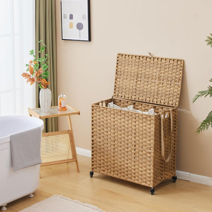 Laundry Hamper with Wheels, 34.3 Gallon(130L) Rolling Laundry Basket with Lid, 3-Section Rattan Clothes Hamper with 3 Removable Liner & 3 Mesh Bags, Laundry Sorter with Side Pocket, Brown
