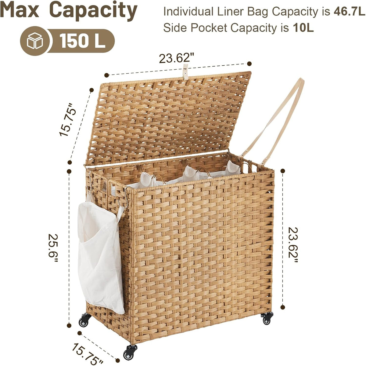 Laundry Hamper with Wheels, 34.3 Gallon(130L) Rolling Laundry Basket with Lid, 3-Section Rattan Clothes Hamper with 3 Removable Liner & 3 Mesh Bags, Laundry Sorter with Side Pocket, Brown