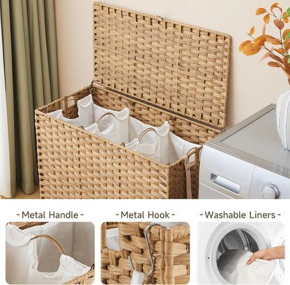 Laundry Hamper with Wheels, 34.3 Gallon(130L) Rolling Laundry Basket with Lid, 3-Section Rattan Clothes Hamper with 3 Removable Liner & 3 Mesh Bags, Laundry Sorter with Side Pocket, Brown