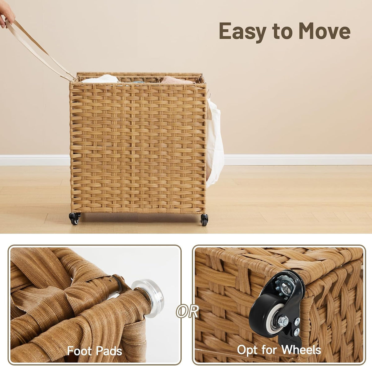 Laundry Hamper with Wheels, 34.3 Gallon(130L) Rolling Laundry Basket with Lid, 3-Section Rattan Clothes Hamper with 3 Removable Liner & 3 Mesh Bags, Laundry Sorter with Side Pocket, Brown