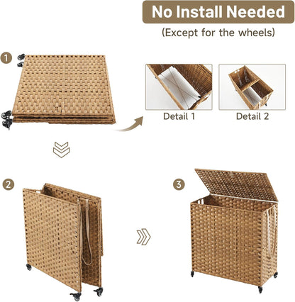Laundry Hamper with Wheels, 34.3 Gallon(130L) Rolling Laundry Basket with Lid, 3-Section Rattan Clothes Hamper with 3 Removable Liner & 3 Mesh Bags, Laundry Sorter with Side Pocket, Brown