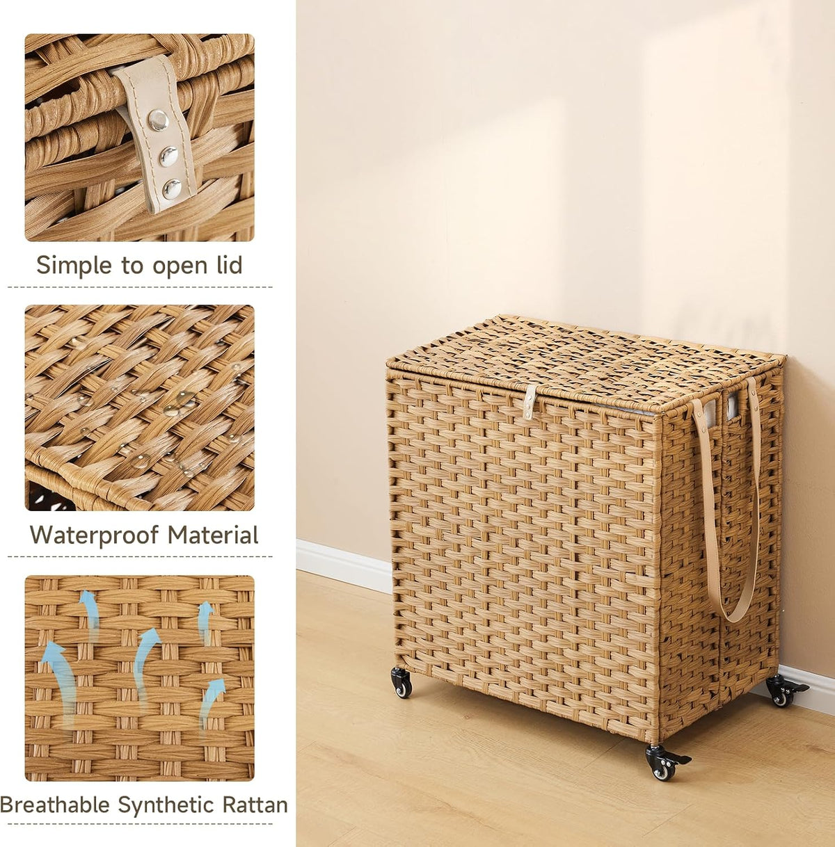 Laundry Hamper with Wheels, 34.3 Gallon(130L) Rolling Laundry Basket with Lid, 3-Section Rattan Clothes Hamper with 3 Removable Liner & 3 Mesh Bags, Laundry Sorter with Side Pocket, Brown