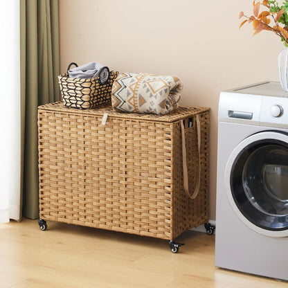 Laundry Hamper with Wheels, 34.3 Gallon(130L) Rolling Laundry Basket with Lid, 3-Section Rattan Clothes Hamper with 3 Removable Liner & 3 Mesh Bags, Laundry Sorter with Side Pocket, Brown