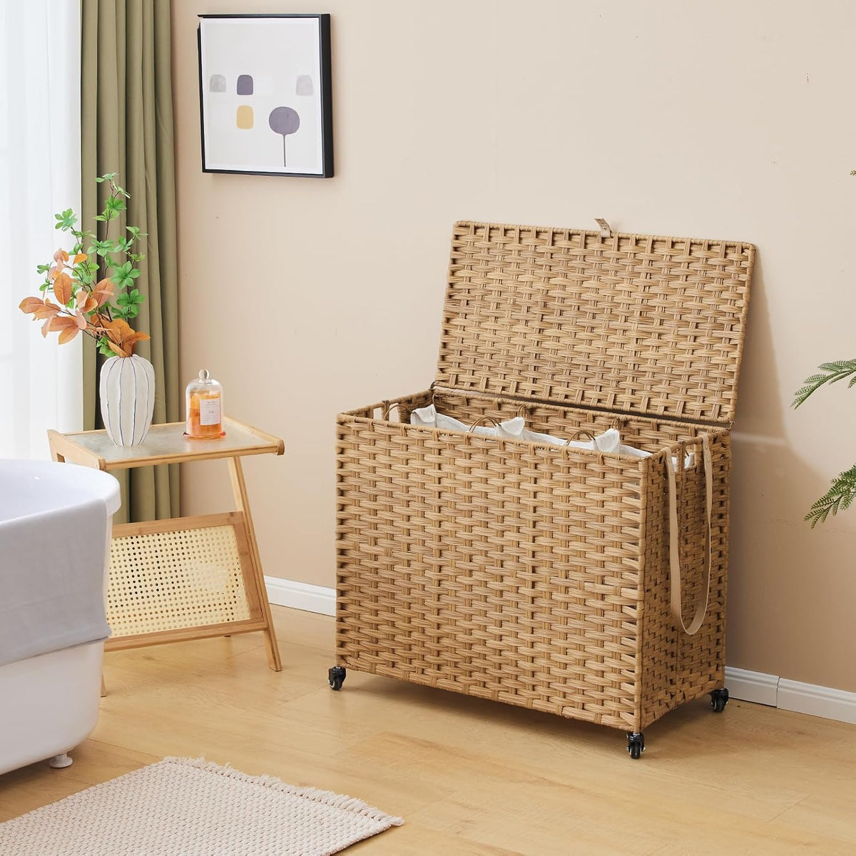 Laundry Hamper with Wheels, 34.3 Gallon(130L) Rolling Laundry Basket with Lid, 3-Section Rattan Clothes Hamper with 3 Removable Liner & 3 Mesh Bags, Laundry Sorter with Side Pocket, Brown