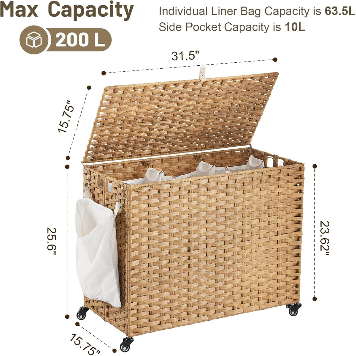 Laundry Hamper with Wheels, 34.3 Gallon(130L) Rolling Laundry Basket with Lid, 3-Section Rattan Clothes Hamper with 3 Removable Liner & 3 Mesh Bags, Laundry Sorter with Side Pocket, Brown