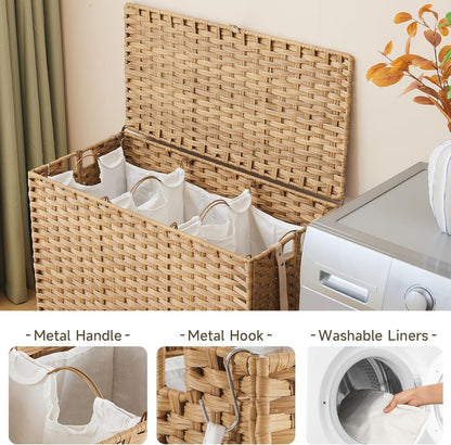 Laundry Hamper with Wheels, 34.3 Gallon(130L) Rolling Laundry Basket with Lid, 3-Section Rattan Clothes Hamper with 3 Removable Liner & 3 Mesh Bags, Laundry Sorter with Side Pocket, Brown